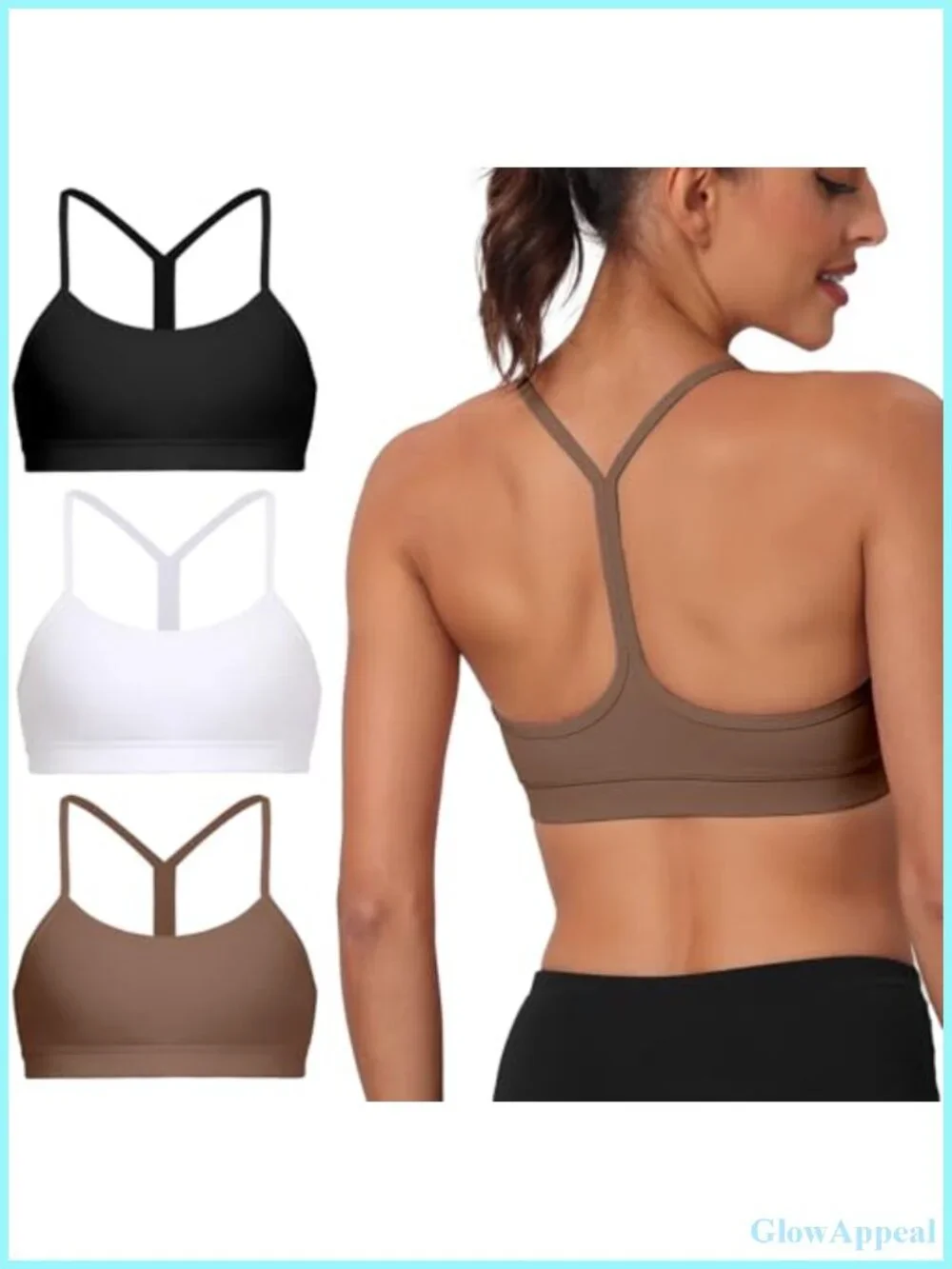 3 Pack Women's Y-Back Sports Bra with Removable Cups, Low Impact Wireless